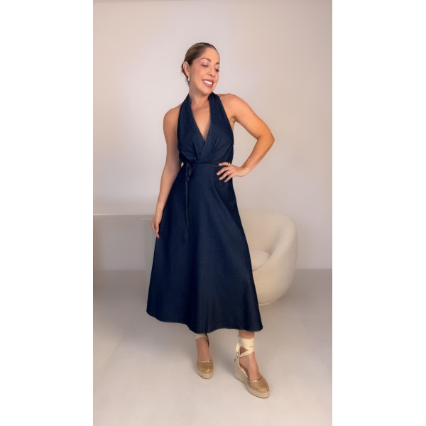 Vestido Halter Denim Oscuro
