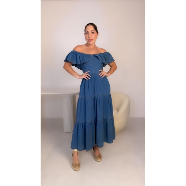 Vestido Off Shoulder Denim Volados